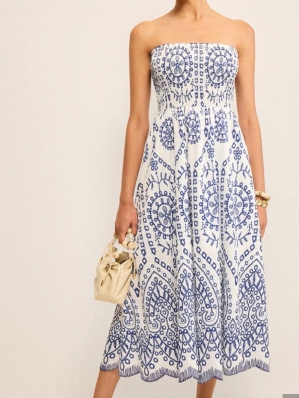 Commense White Strapless Midi Dress with Blue Embroidery